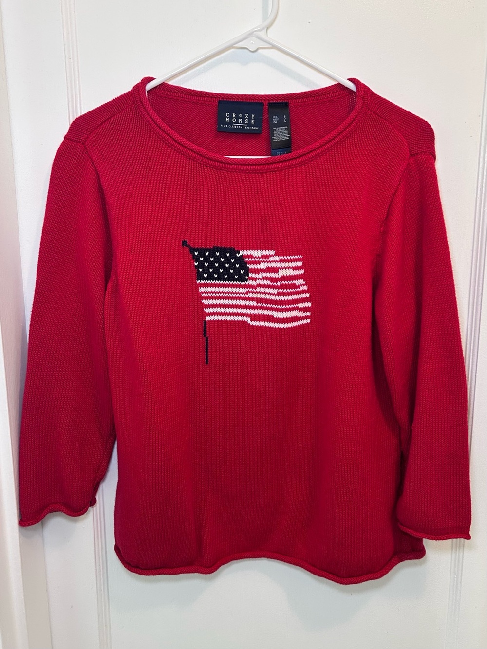 Liz Claiborne Vintage American Flag Red Knit Crewneck Sweater 3/4 Sleeves L